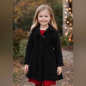 Girls Black Ruffle Wool-Blend Dress Coat | Size 7/8 | Classic Holiday Jacket
